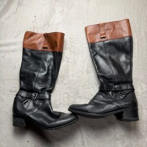 Bandolino Women Black Brown Two Tone Leather Tall Riding Boots Size 8 Buckle Zip